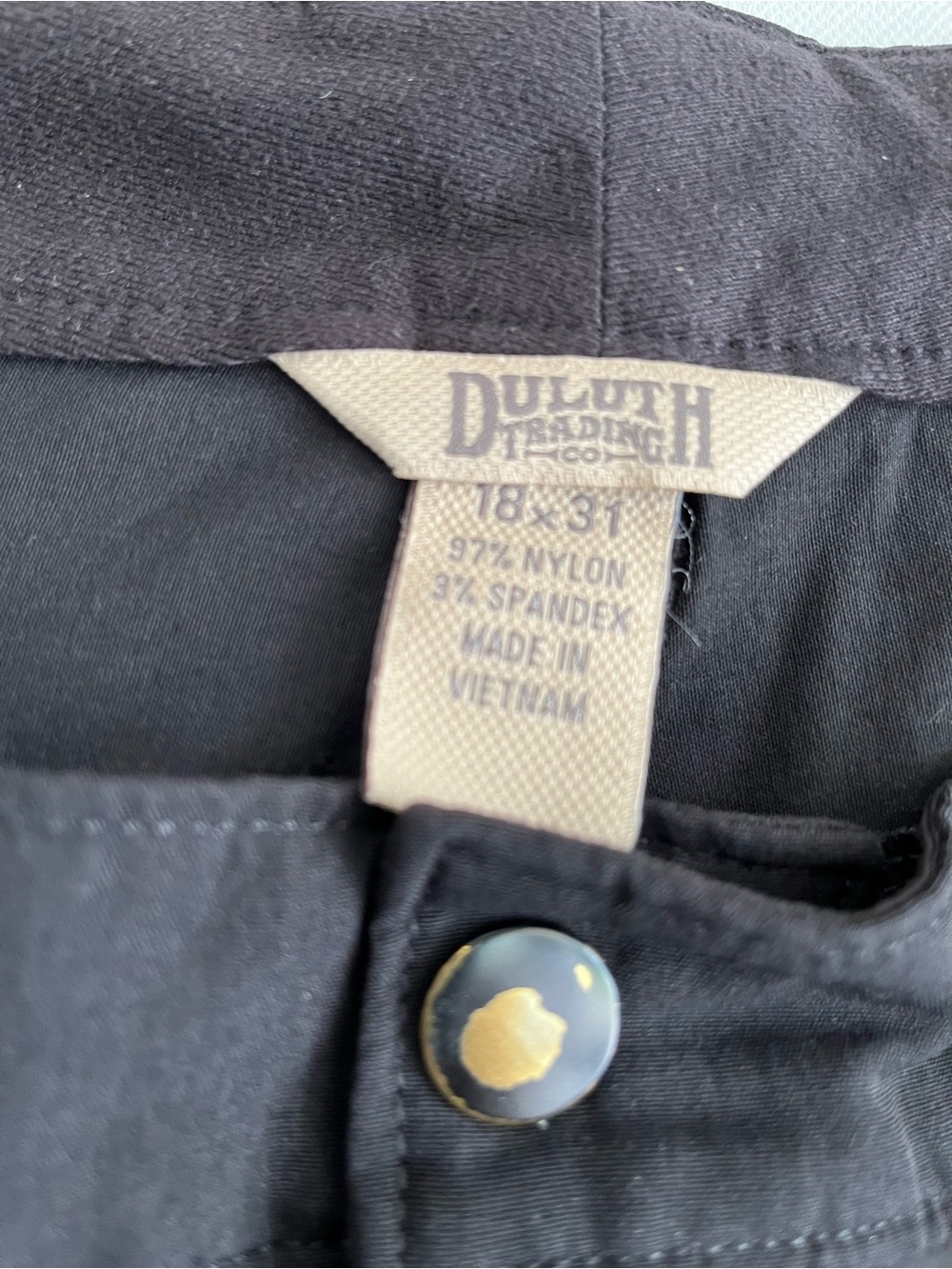 Duluth Trading Co Black Pants with Gold-Accent Button